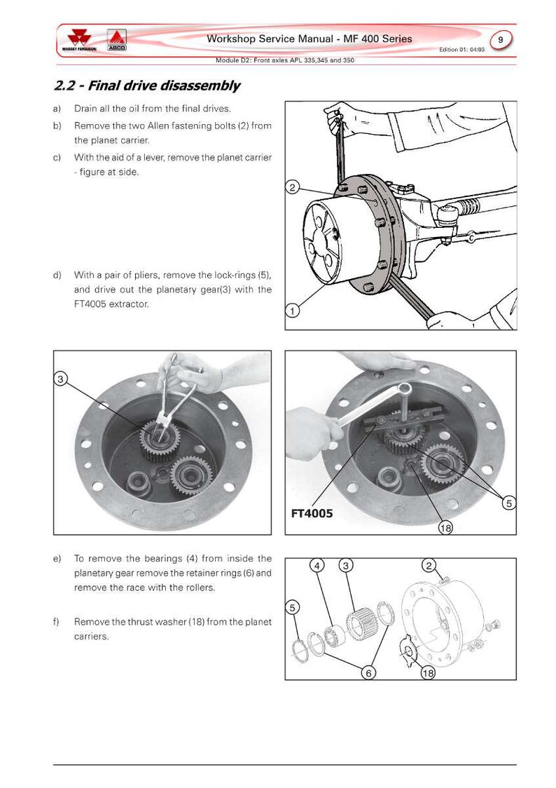 May include: Diagram from a workshop service manual for MF 400 Series front axles. The image shows detailed illustrations of the final drive disassembly process, including removing bolts, gears, and washers. The text includes instructions and part numbers.