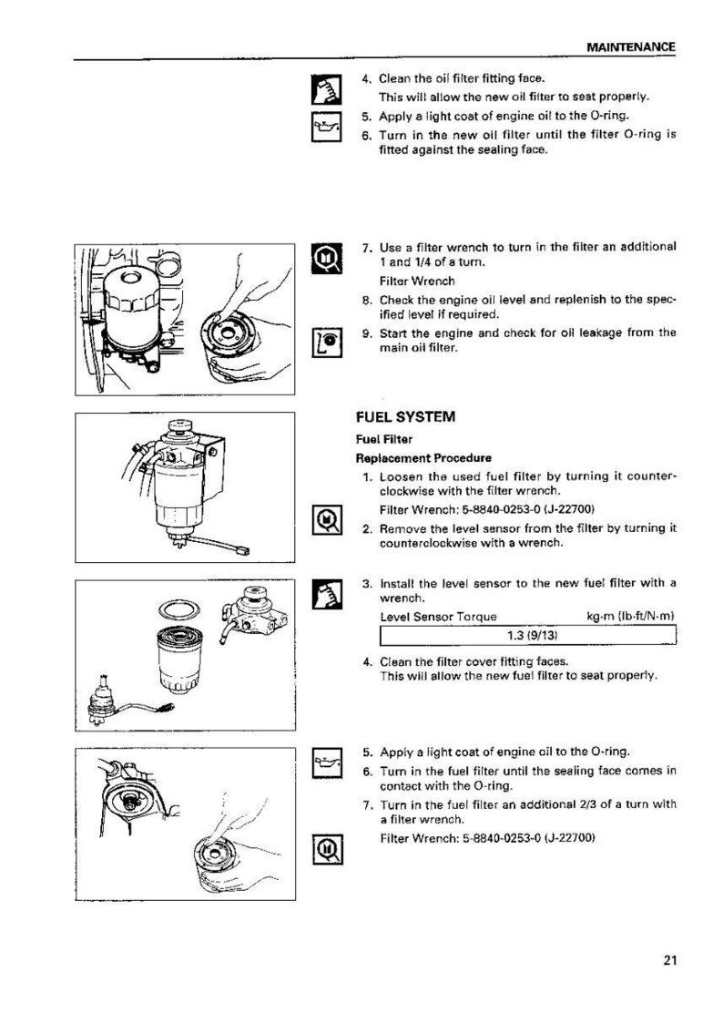 Puede incluir: Una p&aacute;gina de un manual de mantenimiento con instrucciones para reemplazar un filtro de combustible. El texto incluye pasos para limpiar, aplicar aceite y usar una llave de filtro. El manual tambi&eacute;n proporciona especificaciones de par.