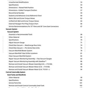 May include: A detailed table of contents from a manual, featuring sections on gear oil, vacuum systems, and central commodity systems. The text includes specifications, dimensions, and service recommendations, with page numbers listed on the right.