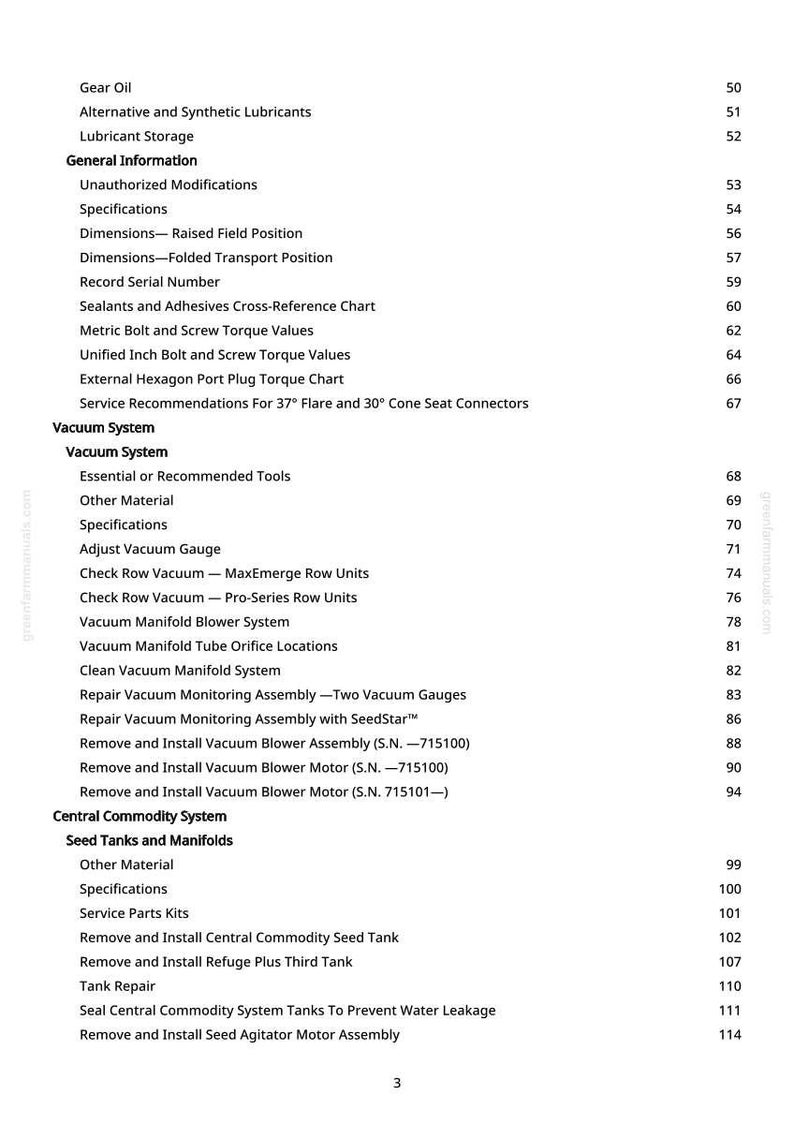 May include: A detailed table of contents from a manual, featuring sections on gear oil, vacuum systems, and central commodity systems. The text includes specifications, dimensions, and service recommendations, with page numbers listed on the right.