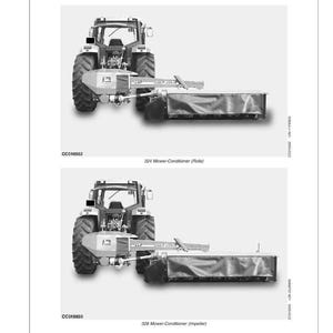 May include: Black and white diagram of John Deere mower-conditioners. The image shows two views of the agricultural machinery, including the tractor and the mower attachment. Text includes "Identification Views" and model numbers.