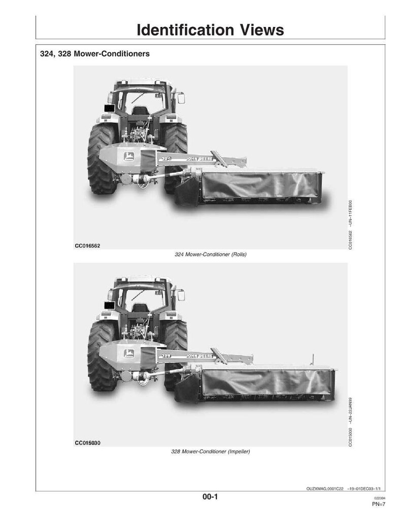 May include: Black and white diagram of John Deere mower-conditioners. The image shows two views of the agricultural machinery, including the tractor and the mower attachment. Text includes "Identification Views" and model numbers.
