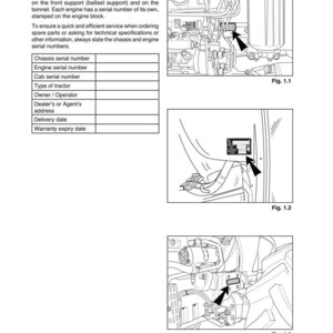 May include: Page from a tractor manual with diagrams and text. The text reads "Tractor identification" and lists serial number locations. Figures 1.1, 1.2, and 1.3 show engine components with arrows pointing to serial number locations.