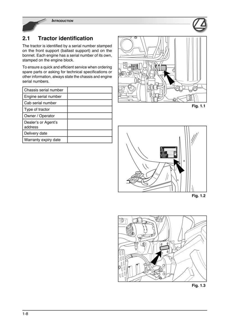 May include: Page from a tractor manual with diagrams and text. The text reads "Tractor identification" and lists serial number locations. Figures 1.1, 1.2, and 1.3 show engine components with arrows pointing to serial number locations.