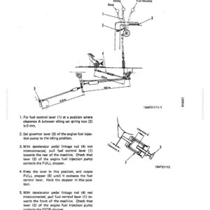 May include: Diagram titled "ADJUSTING FUEL CONTROL LINKAGE" with detailed illustrations of mechanical components. Includes measurements in millimeters and instructions for fuel control lever adjustment. Features labels for idling, stop, and full throttle positions.