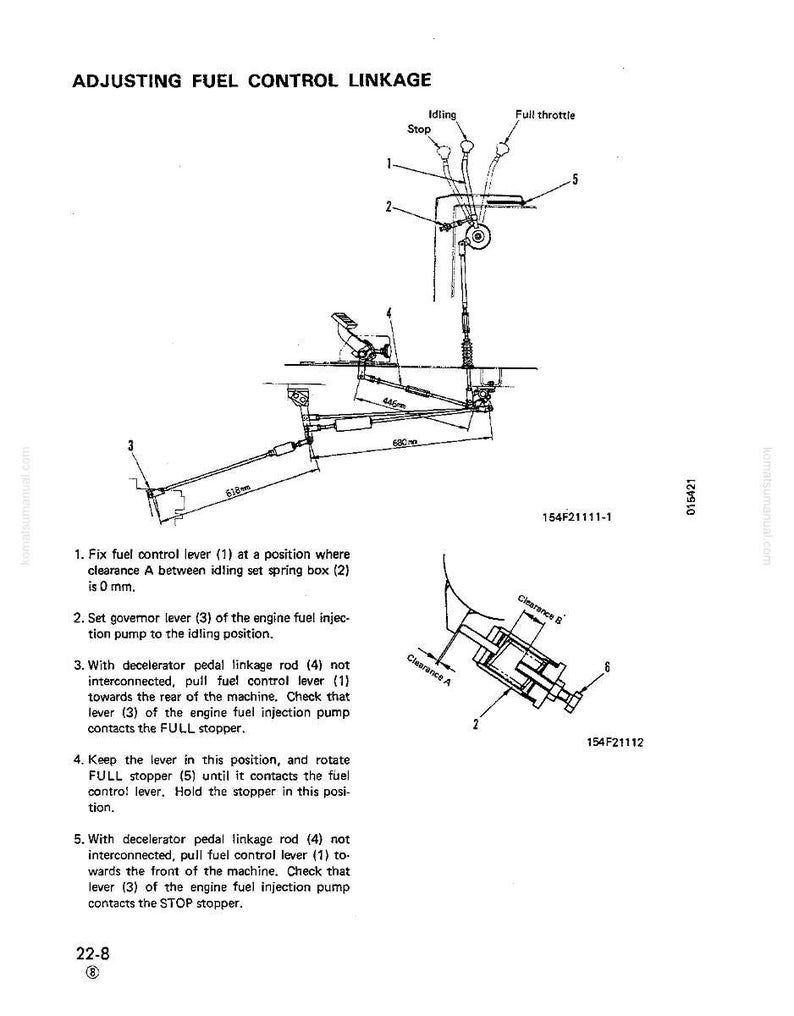 May include: Diagram titled "ADJUSTING FUEL CONTROL LINKAGE" with detailed illustrations of mechanical components. Includes measurements in millimeters and instructions for fuel control lever adjustment. Features labels for idling, stop, and full throttle positions.