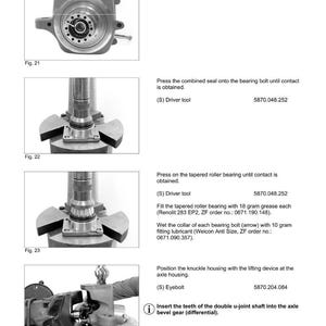May include: Diagram of automotive parts assembly, including a sun gear shaft, bearing bolt, and tapered roller bearing. Instructions detail steps like inserting retaining rings and applying grease. Text and part numbers are visible.