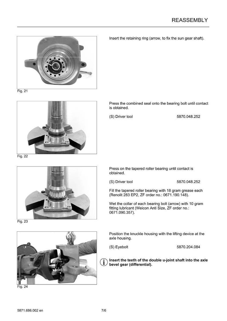 May include: Diagram of automotive parts assembly, including a sun gear shaft, bearing bolt, and tapered roller bearing. Instructions detail steps like inserting retaining rings and applying grease. Text and part numbers are visible.