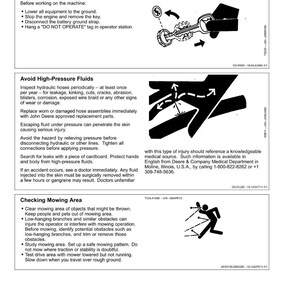 May include: Safety instructions for operating machinery. Includes diagrams and text on how to safely park the machine, avoid high-pressure fluids, and check the mowing area. The image contains warnings and safety guidelines.