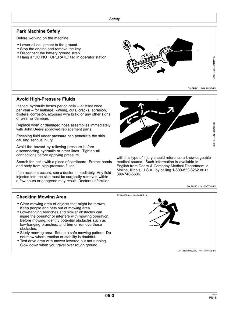 May include: Safety instructions for operating machinery. Includes diagrams and text on how to safely park the machine, avoid high-pressure fluids, and check the mowing area. The image contains warnings and safety guidelines.