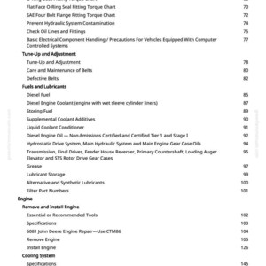 May include: A page from a manual with a table of contents. The text includes topics like "Tune-Up and Adjustment", "Fuels and Lubricants", and "Engine". Page numbers are listed on the right.