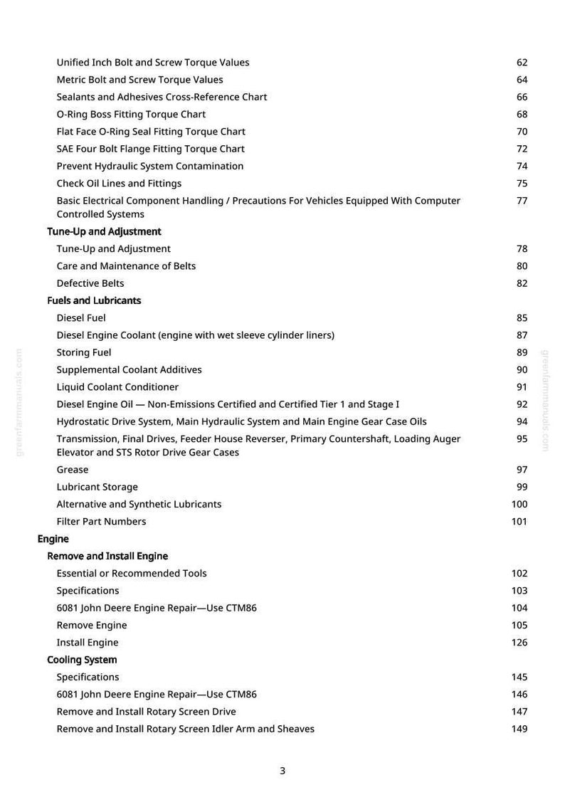 May include: A page from a manual with a table of contents. The text includes topics like "Tune-Up and Adjustment", "Fuels and Lubricants", and "Engine". Page numbers are listed on the right.