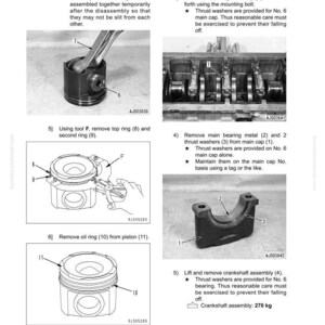 May include: Diagram of engine disassembly steps, including piston, connecting rod, and crankshaft components. Instructions detail removing parts like piston pins, rings, and main bearing metal. The image includes labels and part numbers for clarity.
