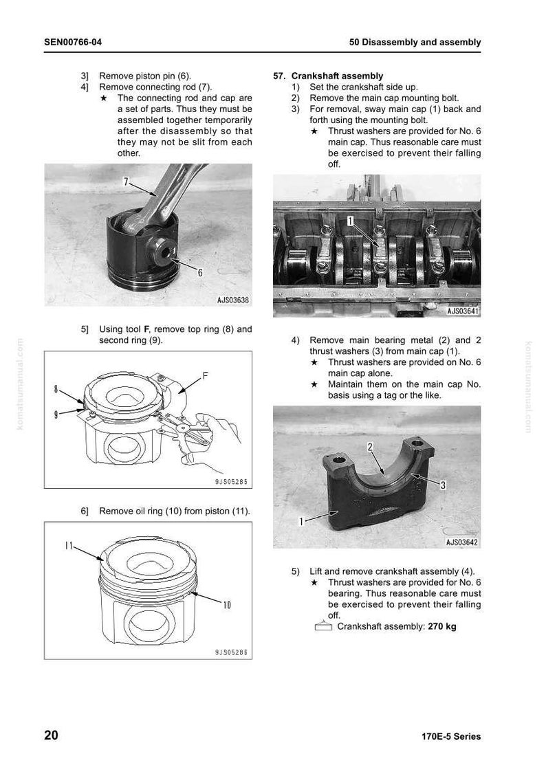 May include: Diagram of engine disassembly steps, including piston, connecting rod, and crankshaft components. Instructions detail removing parts like piston pins, rings, and main bearing metal. The image includes labels and part numbers for clarity.