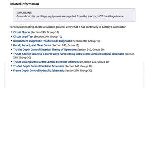 May include: A white page with the text "TC1 517530.14 - Right-Hand Stabilizer Valve Restricted" and troubleshooting information. The text includes a list of circuit checks and schematics for agricultural equipment.