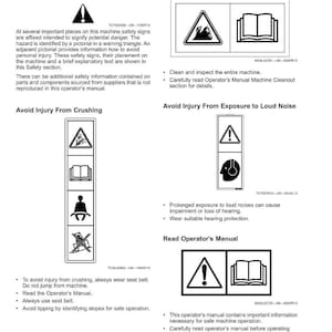 Peut inclure: Une page d'un manuel d'utilisation avec des &eacute;tiquettes de s&eacute;curit&eacute; et des instructions. Le manuel comprend des avertissements concernant les incendies, l'&eacute;crasement et l'exposition au bruit, avec des symboles et du texte. La page est blanche avec du texte et des graphiques noirs.