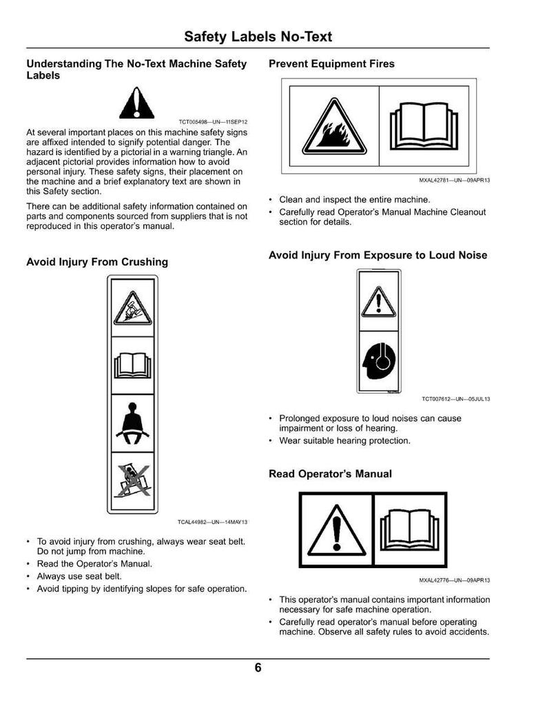 Peut inclure: Une page d'un manuel d'utilisation avec des &eacute;tiquettes de s&eacute;curit&eacute; et des instructions. Le manuel comprend des avertissements concernant les incendies, l'&eacute;crasement et l'exposition au bruit, avec des symboles et du texte. La page est blanche avec du texte et des graphiques noirs.