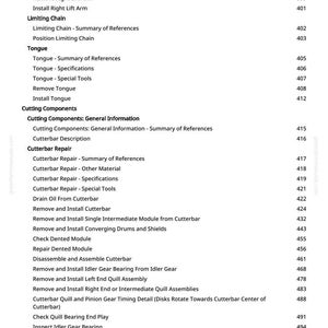 May include: A detailed table of contents from a manual, with a white background and black text. The document lists various procedures, including removing and installing components like lift arms, chains, and cutterbars. Page number 7 is visible.