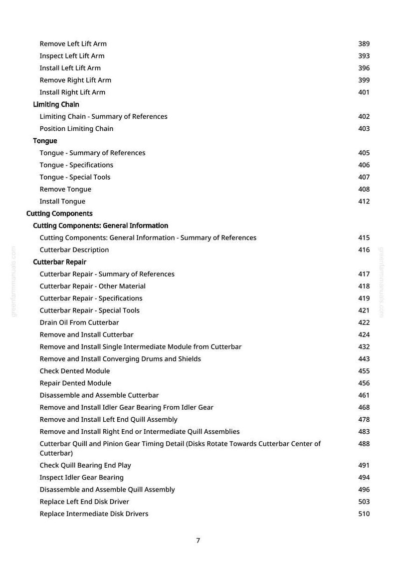 May include: A detailed table of contents from a manual, with a white background and black text. The document lists various procedures, including removing and installing components like lift arms, chains, and cutterbars. Page number 7 is visible.