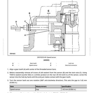 K&ouml;nnte beinhalten: Technisches Diagramm zur Installation eines Geschwindigkeitssensors, mit Komponentenbezeichnungen. Anweisungen umfassen Ausrichtung, Dichtmittelauftrag und Spalteinstellung auf 1,42 mm. Drehmomentangaben f&uuml;r Kontermuttern sind bei 25,5 N&middot;m angegeben.