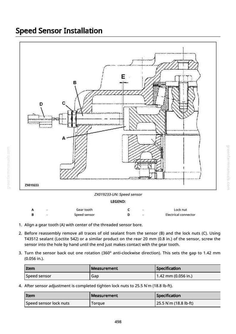 K&ouml;nnte beinhalten: Technisches Diagramm zur Installation eines Geschwindigkeitssensors, mit Komponentenbezeichnungen. Anweisungen umfassen Ausrichtung, Dichtmittelauftrag und Spalteinstellung auf 1,42 mm. Drehmomentangaben f&uuml;r Kontermuttern sind bei 25,5 N&middot;m angegeben.