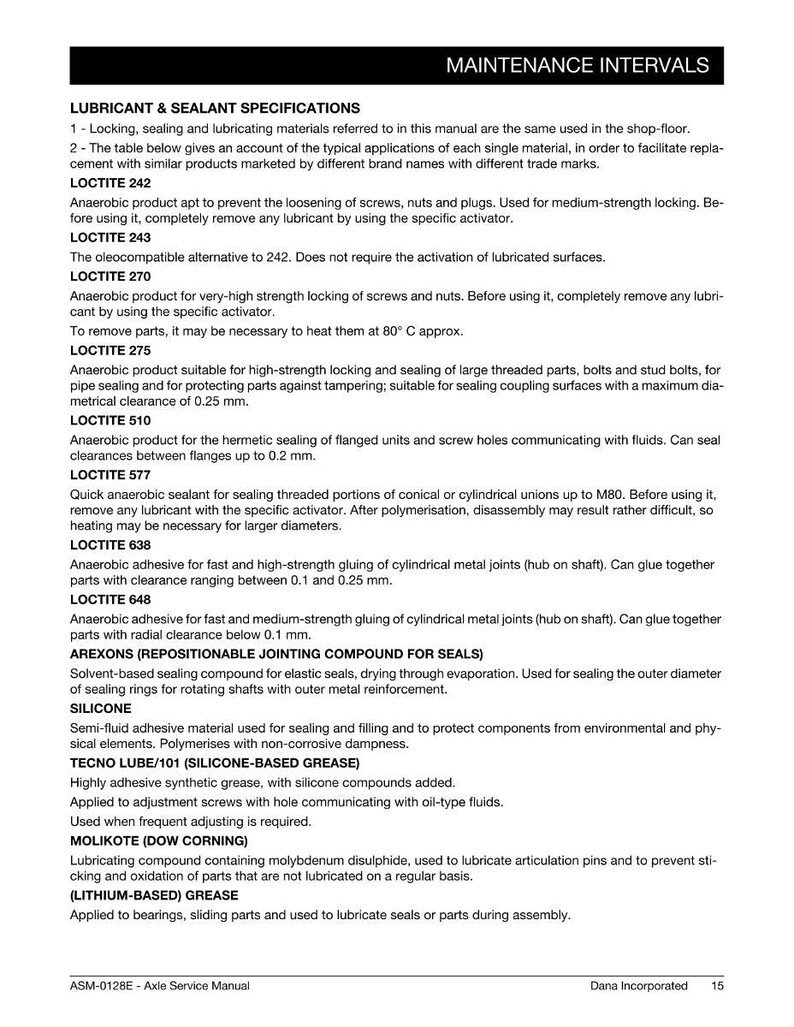 Puede incluir: Una p&aacute;gina de un manual titulada "Intervalos de mantenimiento" que detalla las especificaciones de lubricantes y selladores. El texto enumera varios productos Loctite, incluidos sus usos para el bloqueo, sellado y pegado, junto con otros compuestos como la grasa de silicona.