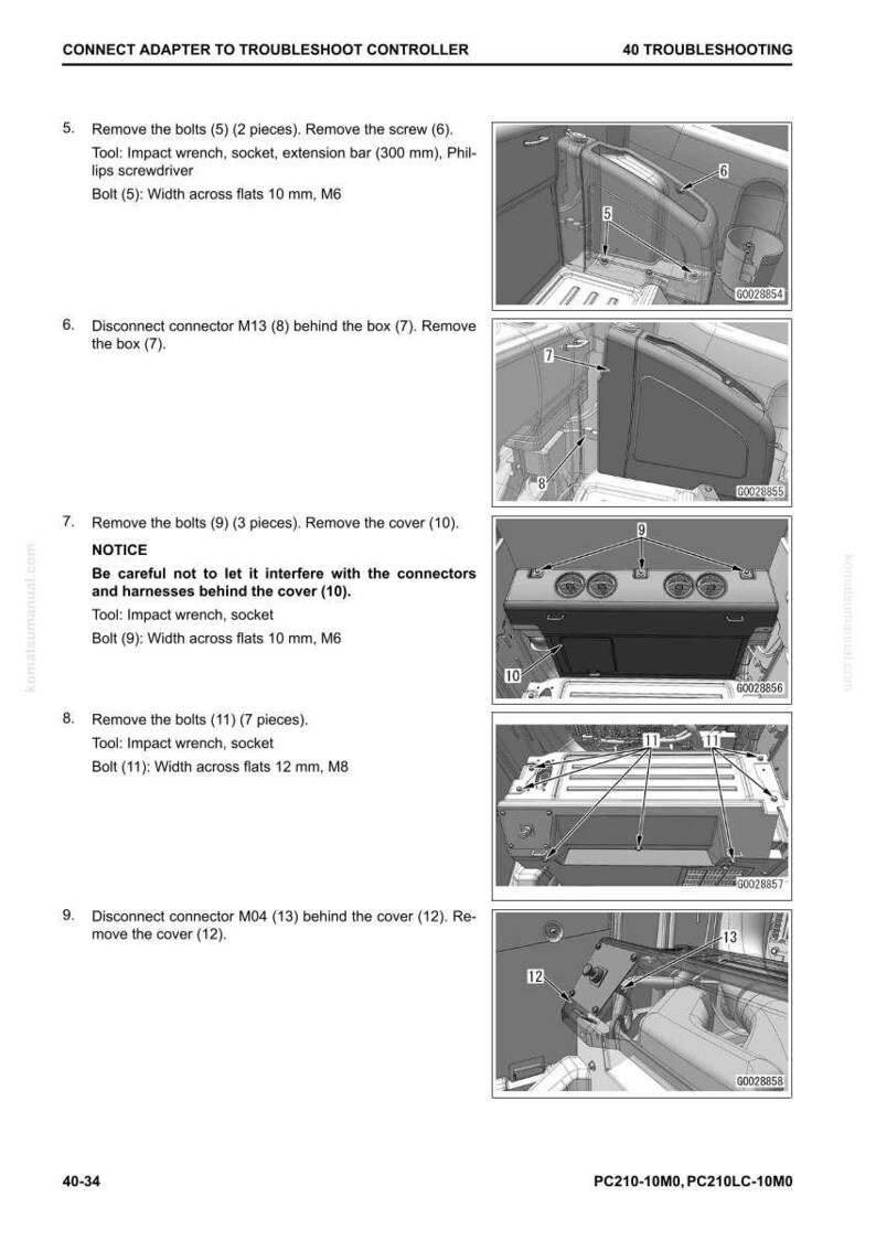 May include: Diagram from a manual showing steps to troubleshoot a controller. The image includes numbered steps with illustrations of removing bolts, screws, and connectors. Text includes tool specifications and bolt sizes in millimeters.