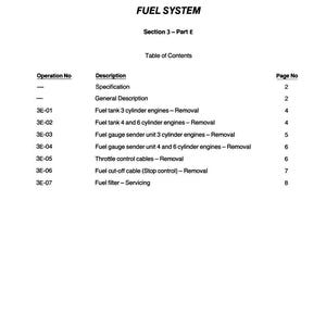 May include: A page from a manual titled "FUEL SYSTEM" with a table of contents. The table lists sections like "Fuel tank 3 cylinder engines - Removal" and "Fuel filter - Servicing". The document is labeled "Section 3 - Part E".