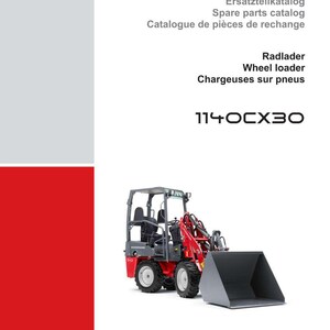 Puede incluir: Una portada de folleto con una cargadora de ruedas roja y gris, modelo 1140CX30, y el logotipo de Weidemann. El texto incluye "Cat&aacute;logo de piezas de repuesto" en ingl&eacute;s, alem&aacute;n y franc&eacute;s. La cargadora de ruedas se muestra en detalle.
