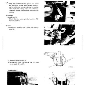 May include: Diagram from a manual detailing the removal of a parking brake pad. The image includes step-by-step instructions with illustrations, part numbers, and safety warnings. Text includes "DISASSEMBLY AND ASSEMBLY" and "REMOVAL OF PARKING BRAKE PAD."