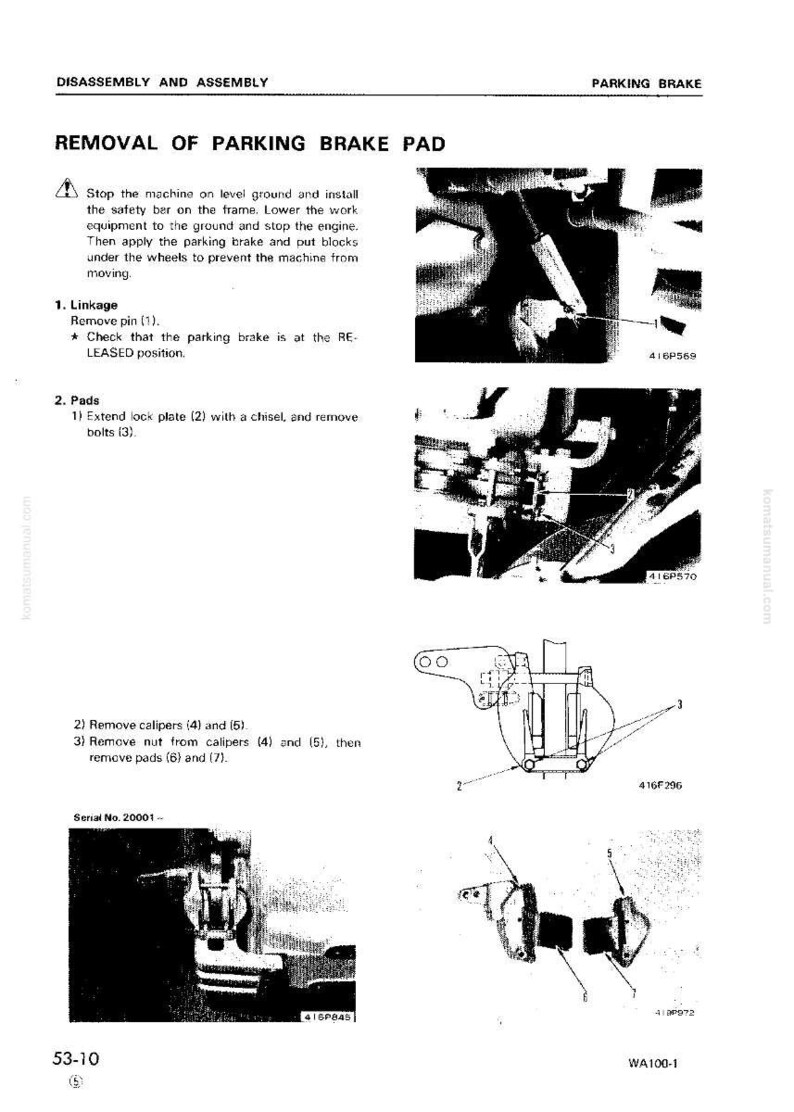 May include: Diagram from a manual detailing the removal of a parking brake pad. The image includes step-by-step instructions with illustrations, part numbers, and safety warnings. Text includes "DISASSEMBLY AND ASSEMBLY" and "REMOVAL OF PARKING BRAKE PAD."