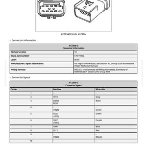 May include: Diagram of an X1235M-2 connector with 10 pins, spare part number 57M10300, and black color. Includes a connector layout table with pin numbers, lead numbers, and wire colors like gray, black, green, purple, blue, and red.