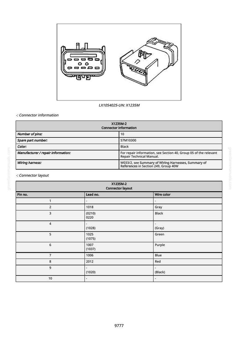 May include: Diagram of an X1235M-2 connector with 10 pins, spare part number 57M10300, and black color. Includes a connector layout table with pin numbers, lead numbers, and wire colors like gray, black, green, purple, blue, and red.
