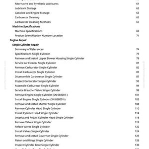 May include: A page from a manual with a table of contents. The text includes topics like engine repair, carburetor cleaning, and machine specifications. The page numbers are listed on the right side.