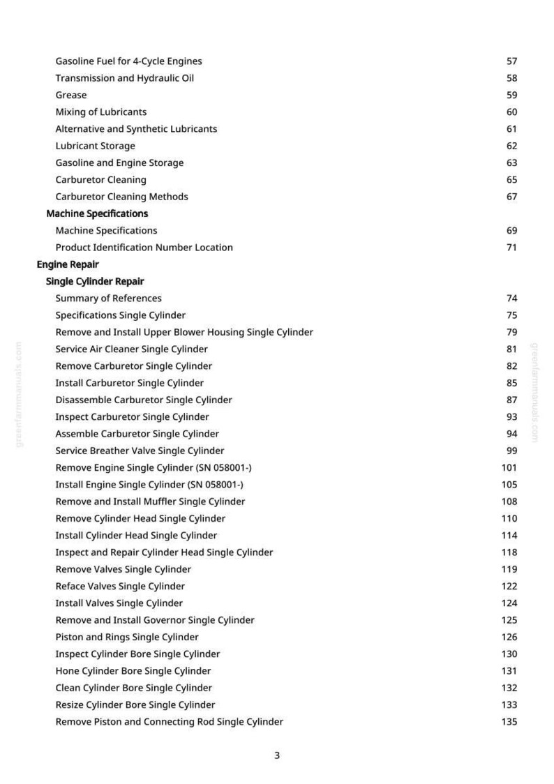 May include: A page from a manual with a table of contents. The text includes topics like engine repair, carburetor cleaning, and machine specifications. The page numbers are listed on the right side.
