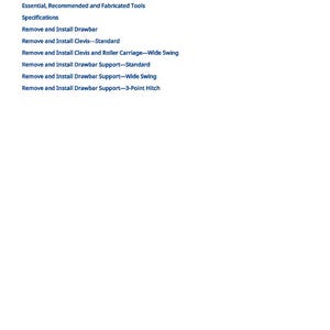 以下が含まれることがあります： 「List of References」というタイトルの白いページで、「Essential, Recommended and Fabricated Tools」や「Remove and Install Drawbar Support-3-Point Hitch」など、アイテムのリストが記載されています。