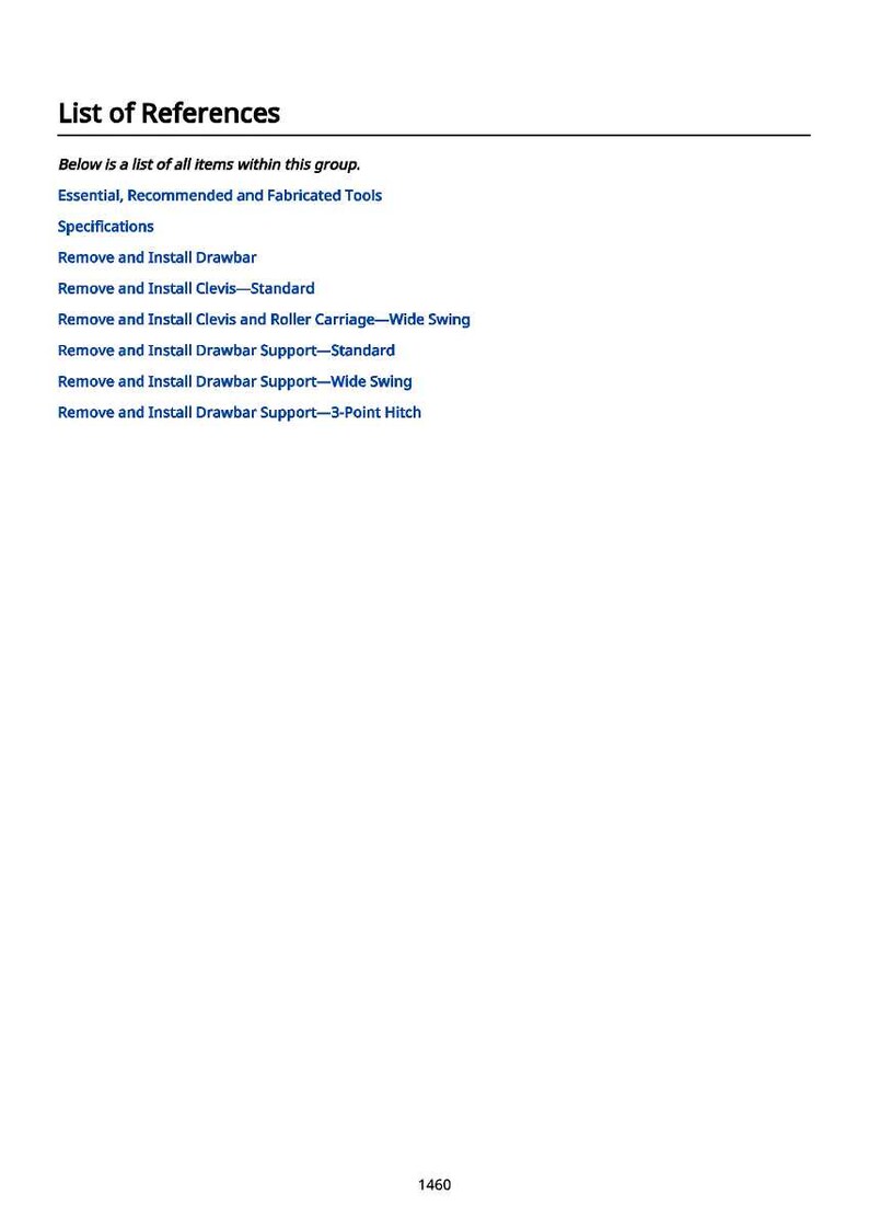 以下が含まれることがあります： 「List of References」というタイトルの白いページで、「Essential, Recommended and Fabricated Tools」や「Remove and Install Drawbar Support-3-Point Hitch」など、アイテムのリストが記載されています。