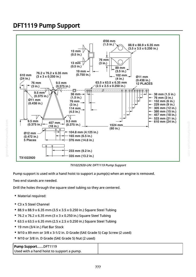 Puede incluir: Diagrama t&eacute;cnico del soporte de bomba DFT1119, con medidas en pulgadas y mil&iacute;metros. Detalles de las dimensiones de los tubos de acero, las barras planas y los tama&ntilde;os de los tornillos. El texto indica el uso con un polipasto manual.