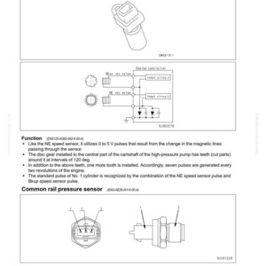 Pu&ograve; includere: Diagramma tecnico di sensori automobilistici, tra cui un sensore di velocit&agrave; Bkup (albero a camme) e un sensore di pressione rail comune. L'immagine presenta componenti etichettati, schemi elettrici e testo descrittivo.