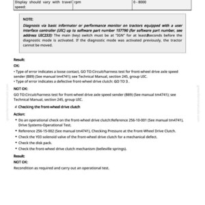 May include: A technical document with a table detailing tractor diagnostics. The table includes items like the front-wheel drive axle speed sender (B89) and specifications ranging from 0-8000 rpm. Additional notes and troubleshooting steps are also provided.