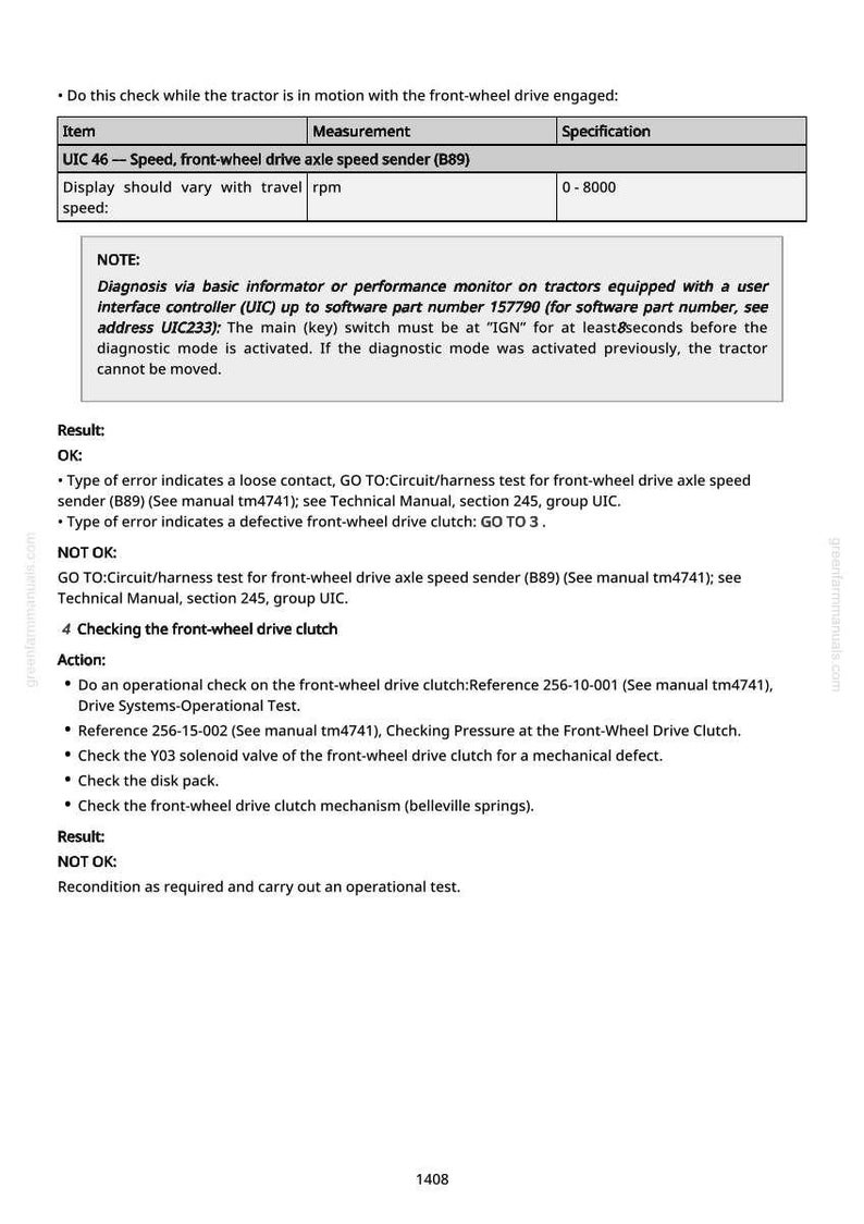May include: A technical document with a table detailing tractor diagnostics. The table includes items like the front-wheel drive axle speed sender (B89) and specifications ranging from 0-8000 rpm. Additional notes and troubleshooting steps are also provided.