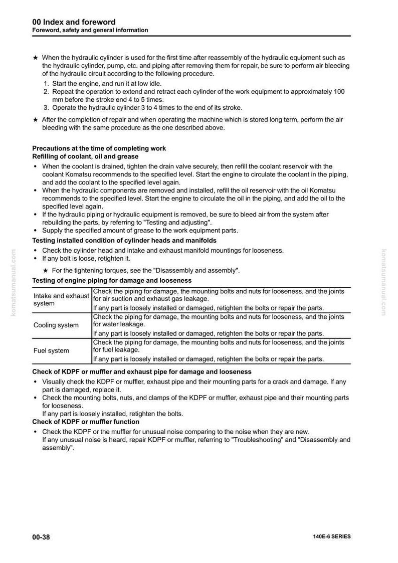 May include: A page from a manual titled "00 Index and foreword" with safety and general information. The text includes instructions for hydraulic cylinder maintenance, coolant, oil, and grease refilling, and testing engine components. The page is from a 140E-6 series manual.