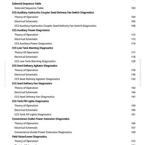 May include: A page from a manual with a table of contents. The text includes titles such as "Electrical System Diagnostics", "Solenoid Sequence Table", and "CCS Auxiliary Power Diagnostics". Page numbers are listed on the right.