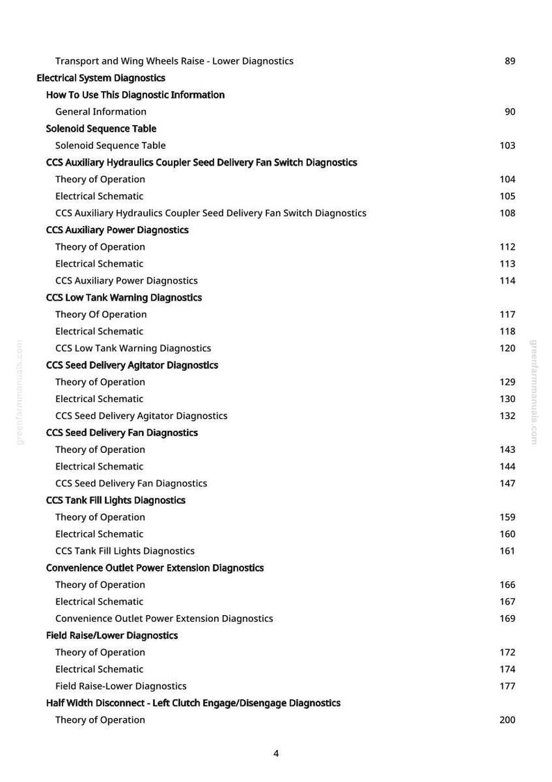 May include: A page from a manual with a table of contents. The text includes titles such as "Electrical System Diagnostics", "Solenoid Sequence Table", and "CCS Auxiliary Power Diagnostics". Page numbers are listed on the right.