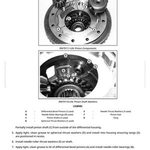 May include: Diagram of pinion components and pinion shaft washers, with labels A through G. The image includes detailed views of mechanical parts, with text descriptions and a legend for each component. The image is a technical illustration.