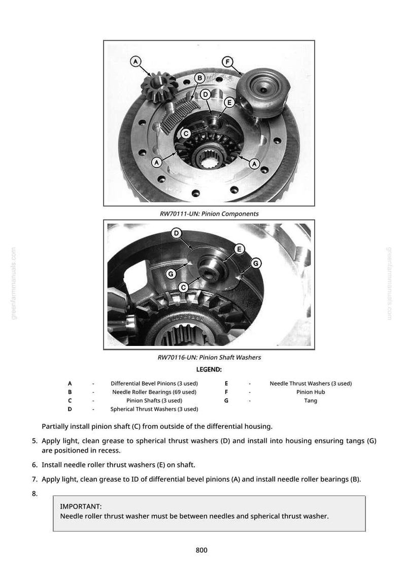 May include: Diagram of pinion components and pinion shaft washers, with labels A through G. The image includes detailed views of mechanical parts, with text descriptions and a legend for each component. The image is a technical illustration.