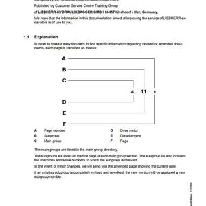 K&ouml;nnte beinhalten: Eine Seite des Servicehandbuchs mit dem Titel "Service Manual" und dem LIEBHERR-Logo. Die Seite enth&auml;lt Text, Diagramme und eine Liste von Begriffen wie "Seitenzahl", "Untergruppe" und "Hauptgruppe". Das Handbuch ist f&uuml;r Bagger.