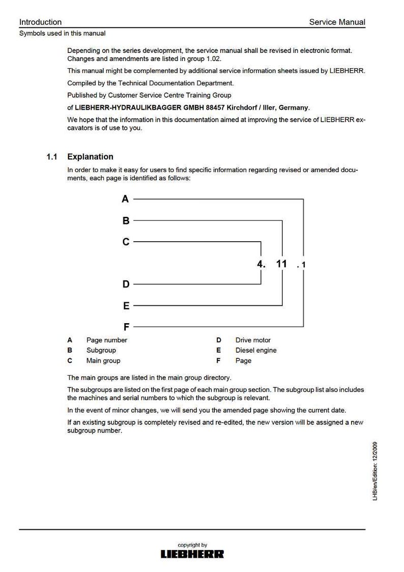 K&ouml;nnte beinhalten: Eine Seite des Servicehandbuchs mit dem Titel "Service Manual" und dem LIEBHERR-Logo. Die Seite enth&auml;lt Text, Diagramme und eine Liste von Begriffen wie "Seitenzahl", "Untergruppe" und "Hauptgruppe". Das Handbuch ist f&uuml;r Bagger.