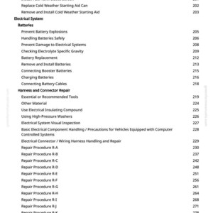 Op de afbeelding: Een pagina uit een handleiding met een lijst van autoreparatieprocedures. Onderwerpen zijn brandstofsysteem, elektrisch systeem, batterijen en kabelboomreparatie. Paginanummers staan rechts.