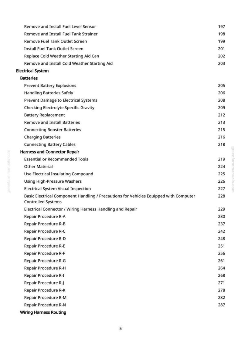Op de afbeelding: Een pagina uit een handleiding met een lijst van autoreparatieprocedures. Onderwerpen zijn brandstofsysteem, elektrisch systeem, batterijen en kabelboomreparatie. Paginanummers staan rechts.